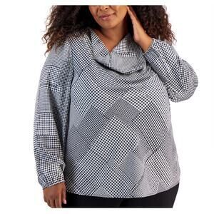 Kasper Women's Plus Long Sleeve Cowl Neck Blouse Top in Black White Houndstooth